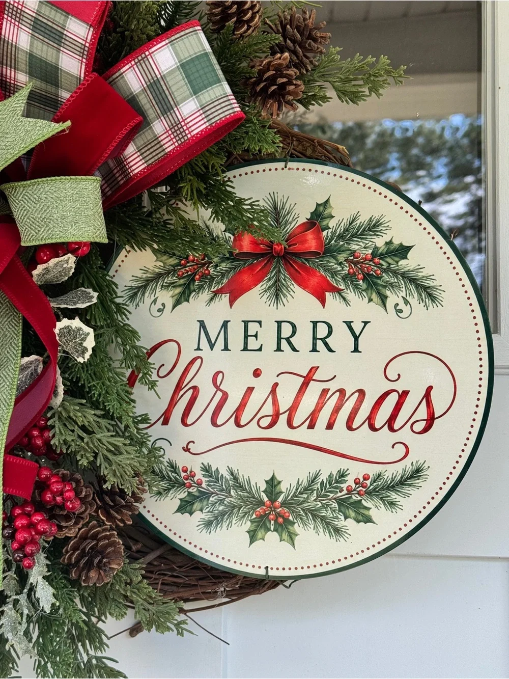 Traditional Cedar Christmas Wreath with Plaid Bow & Merry Christmas Sign